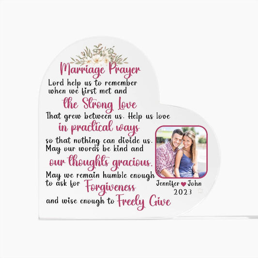 Personalized Marriage Prayer Acrylic Heart Plaque With Custom Photo, Couples Names, & Year