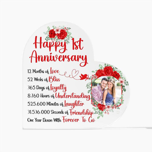 Capture Eternal Love: Personalized Heart Shaped Acrylic Plaque for 1st Anniversary