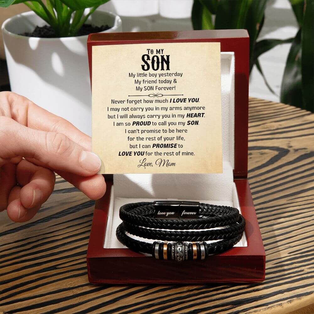 Leather Bracelet for Son from Mom, Gift for Son, Never Forget I Love You Two Tone Box