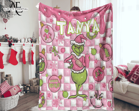 Custom Name Christmas Blanket, Personalized Grinch Blanket With Name