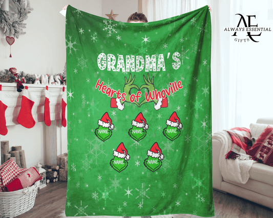 Grandma's Hearts of Whoville Grinch Face Personalized Blanket