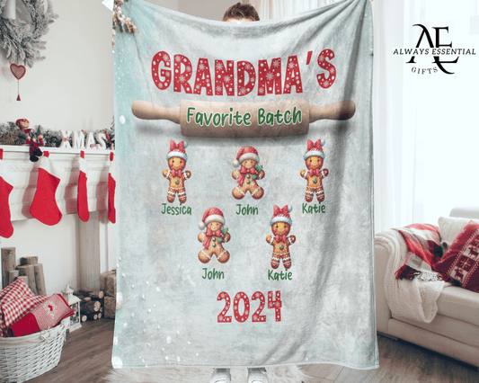 Custom Grandma Blanket, Gingerbread Grandkids with Names