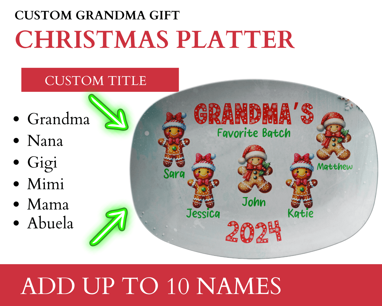 Custom Gingerbread Cookie Grandma Plate with Grandkids Names