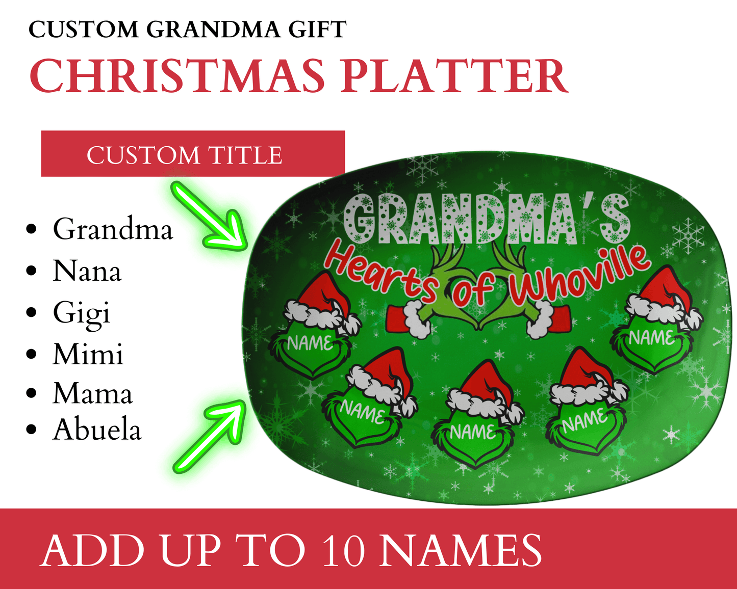 Custom Grinch Grandma Christmas Plate With Hearts of Whoville