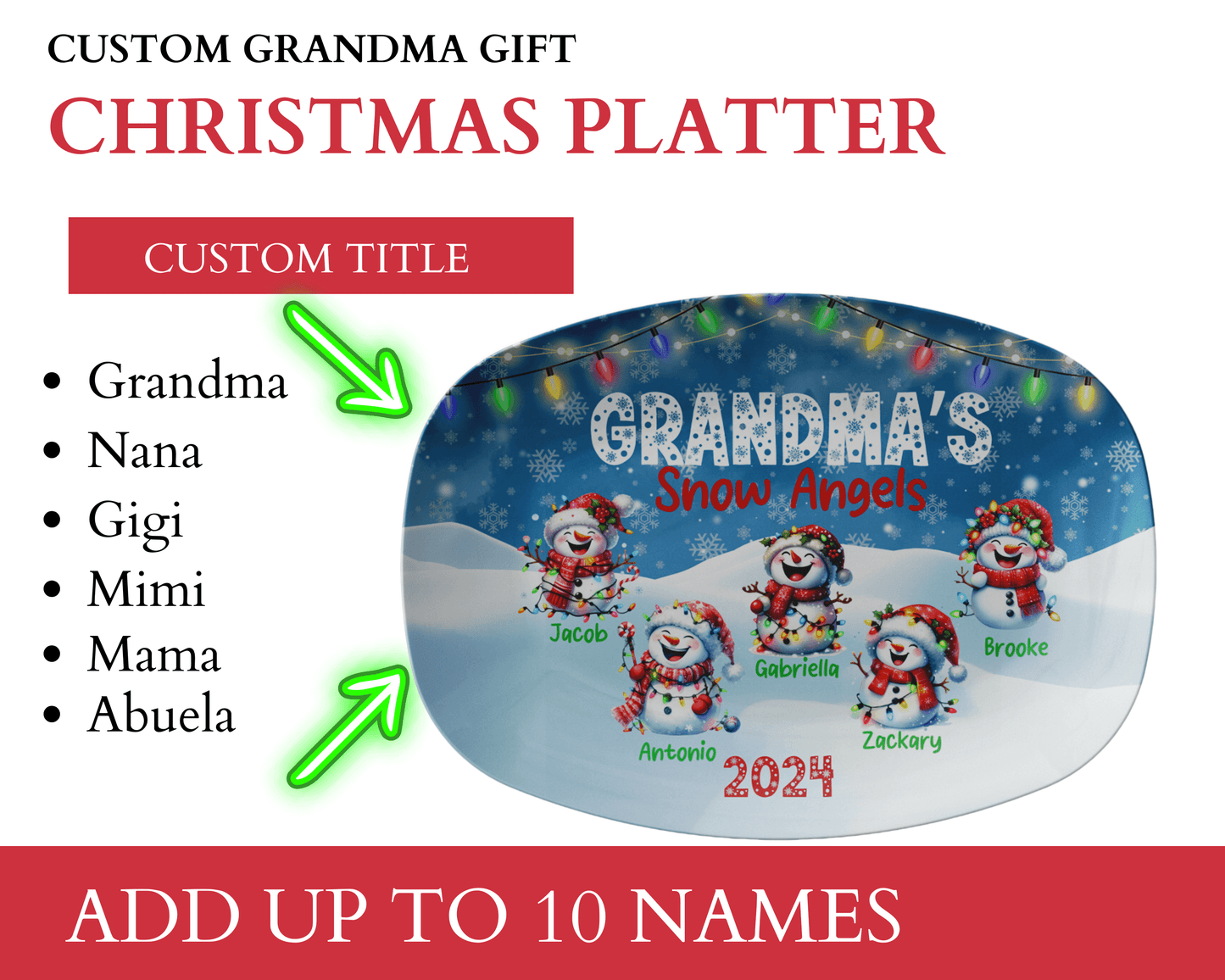 Personalized Christmas Platter with customizable names for Grandma or Nana