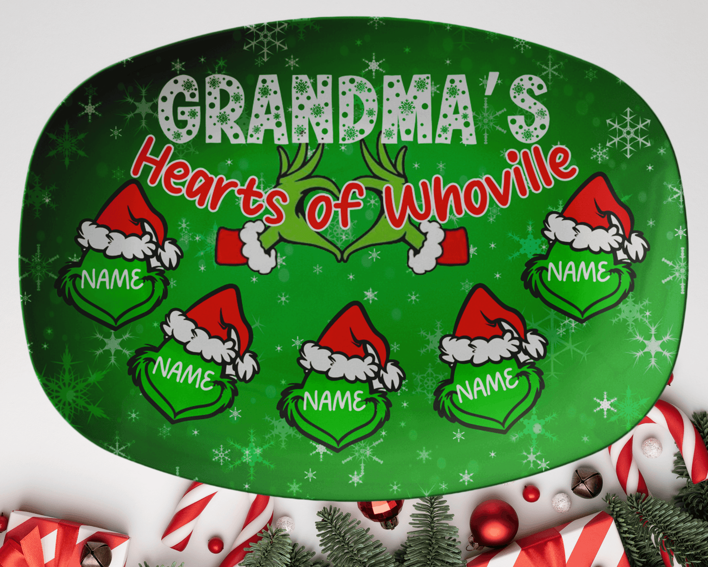 Custom Grinch Grandma Christmas Plate With Hearts of Whoville