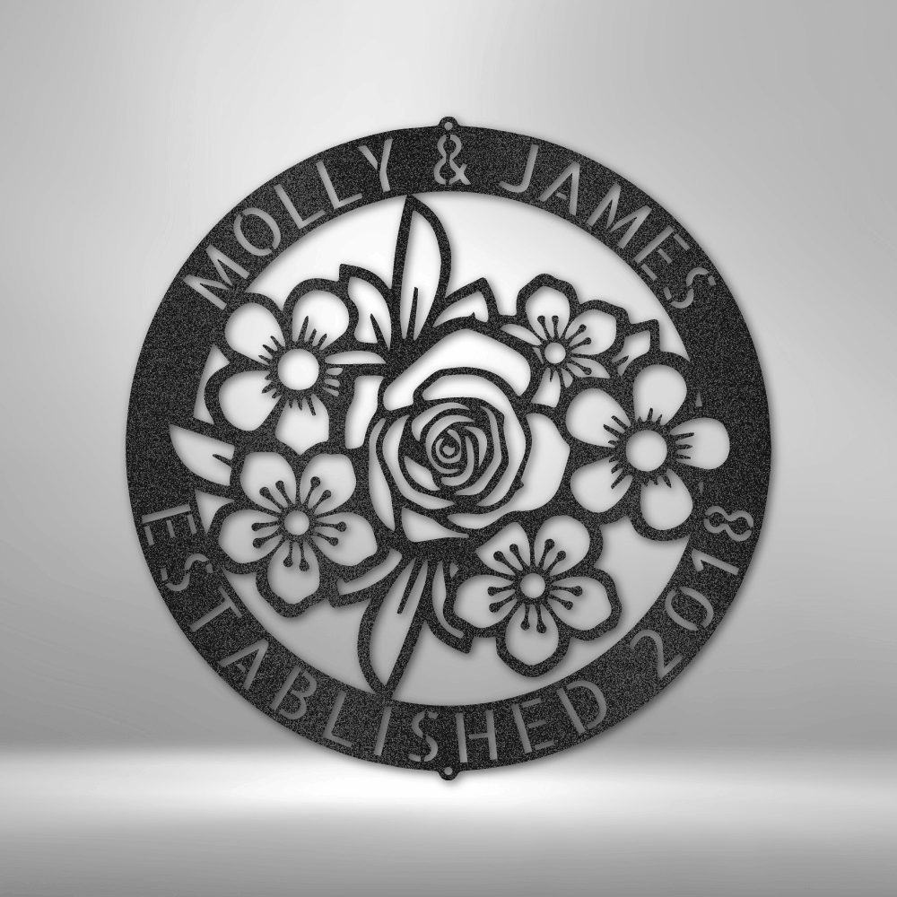 Floral Ring Monogram - Steel Sign - Custom Name & Established Date Metal Wall Sign
