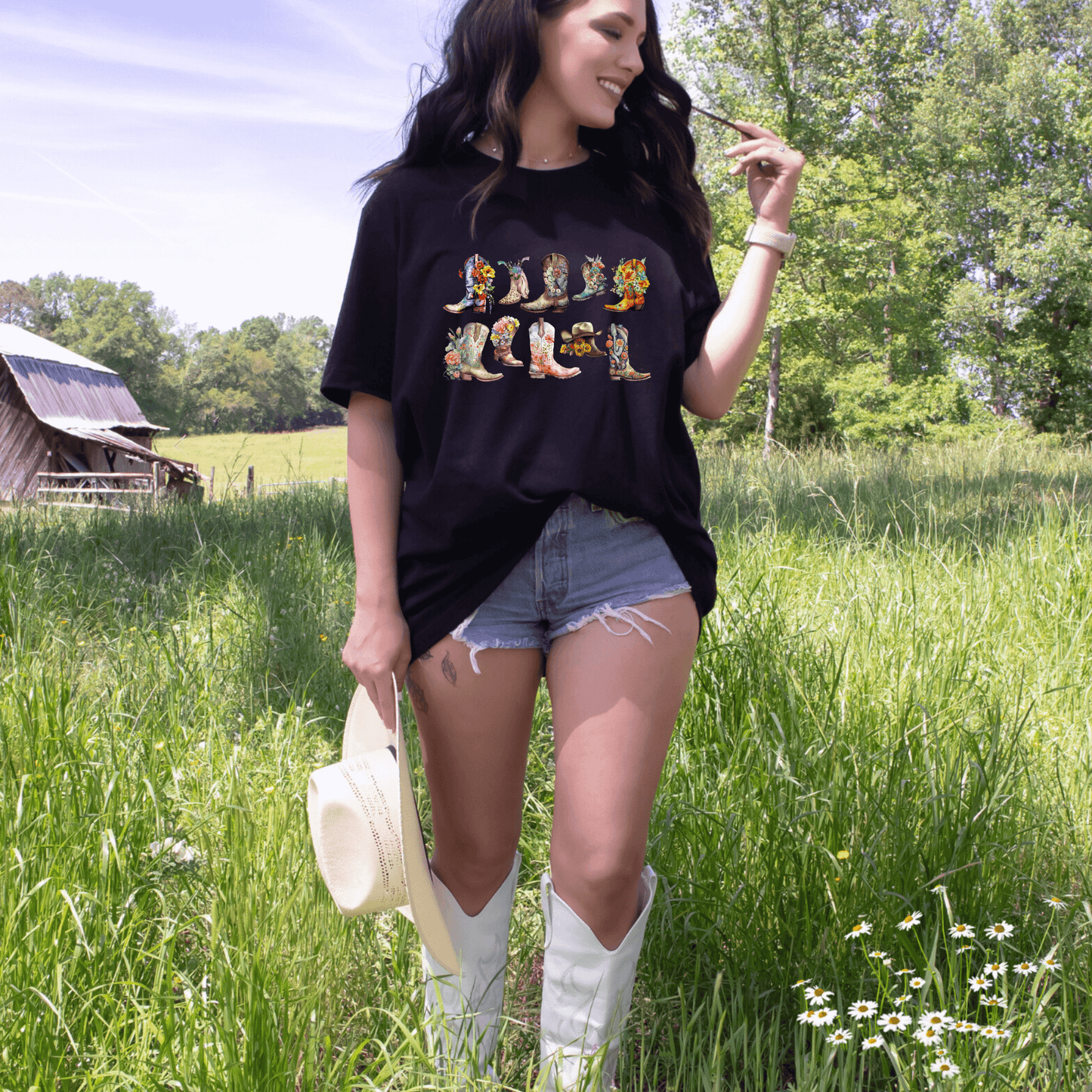 Cowgirl Boots Shirt, Texas -Inspired Western Graphic Tee For Women, Oversized Graphic Tee, Cute Country Shirts, Cowgirl Flower Shirt, Country Concert Tee