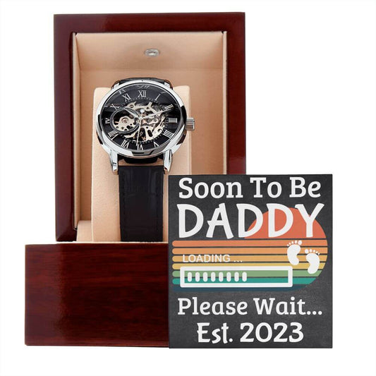 Soon To Be Daddy Est. 2023 - Gift For Dad To Be - Men's Luxury Skeleton Watch With Black Leather Band