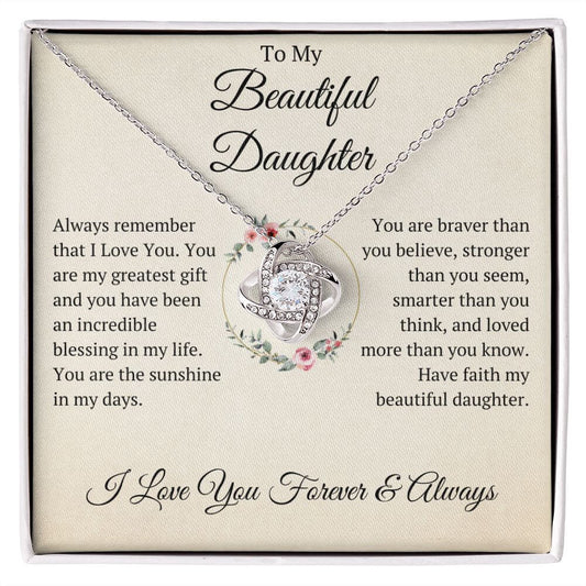 To My Beautiful Daughter Love Knot Necklace From Mom Or Dad, Gift For Daughter