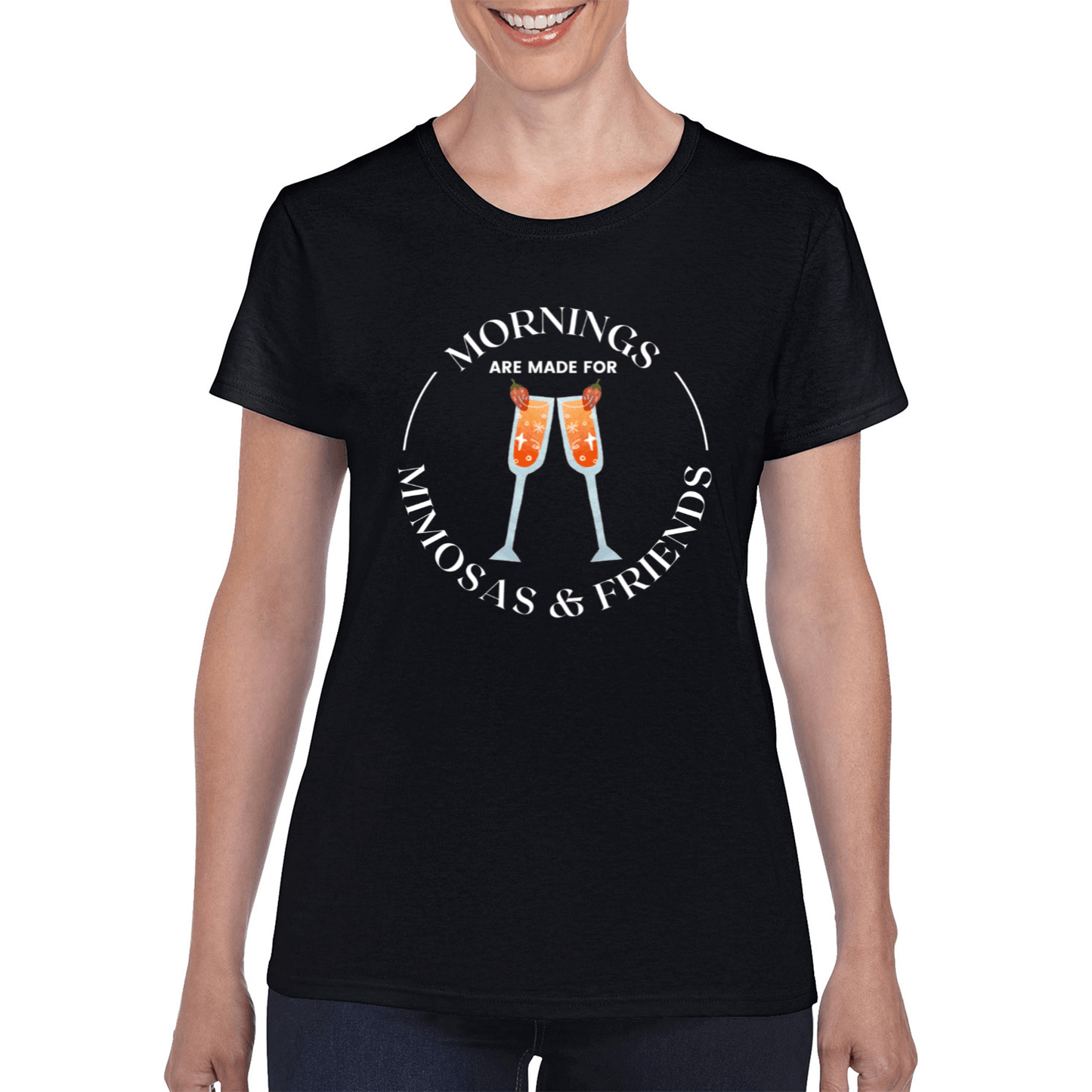 Mornings Are Made For Mimosas & Friends Graphic T-Shirt For Women, Ladies Funny Tshirt, Mimosa Lover Tee For Her