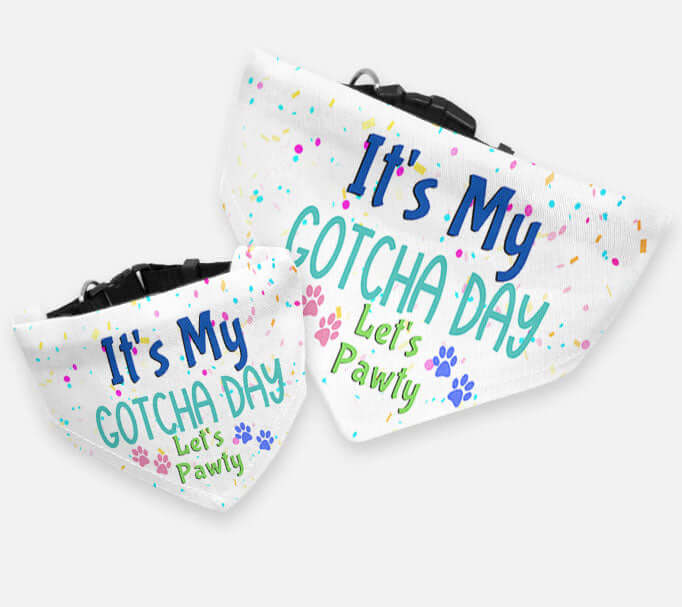 Dog Bandana Collar - It's My Gotcha Day Let's Pawty - Dog Collar With Easy Slide On & Off Bandana - Birthday Dog Bandana